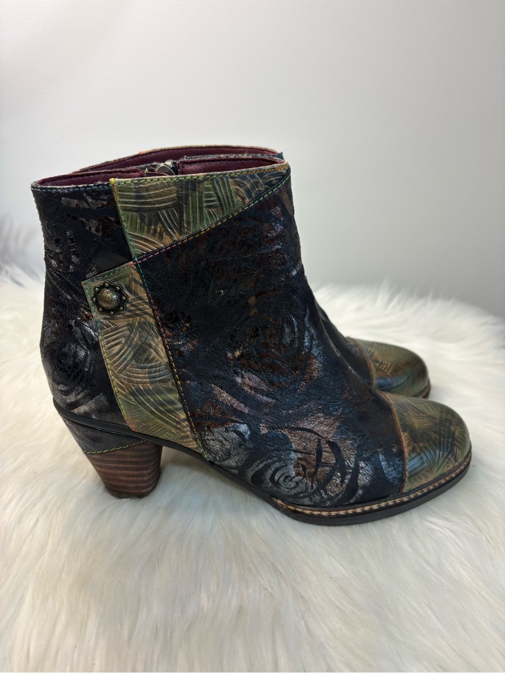 Women's Black Leather Ankle Booties with Olive-Patterned Toe - Picture 3 of 11